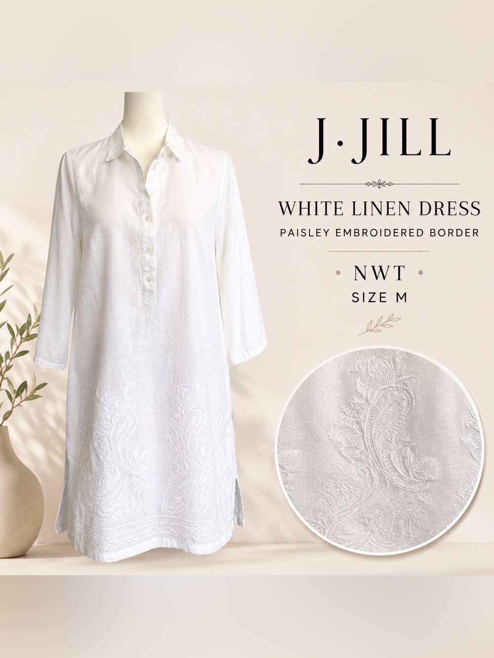J.Jill White Linen Embroidered Shift Dress M NWT Resort Vacation Tunic Coastal